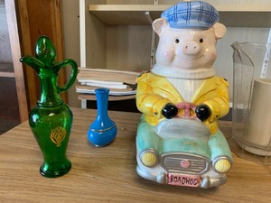 Bud pitcher, cookie jar, vase, metal pan, misc
