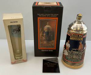 lot 193 image: 1993 Harley-Davidson THE BIRTH OF A LEGEND  120500 With COA (NIB) & Harley Davidson Beer Glass With Pewter Accent