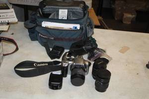 lot 1483 image: Canon Digital Rebel Camera with Battery, Charger, Carry Case, External Flash, Tokina 135mm Lens, Canon EFS 18-55mm IS Lens