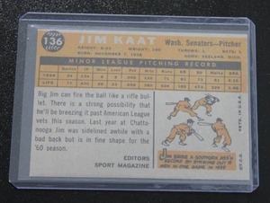 1960 Topps Jim Kaat #136 Rookie Card  Good Corners - No Crease  Mid Grade or Better