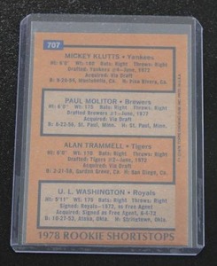 1978 Topps Paul Molitor  Alan Trammell #707 Rookie Card  Good Corners - No Crease  Mid Grade or Better