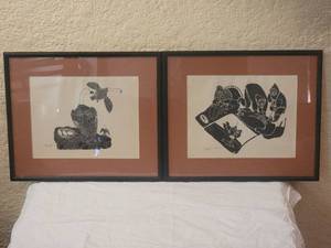 lot 140 image: Indigenous Inuit Fine Art Print Pair - Family at Work  Geese