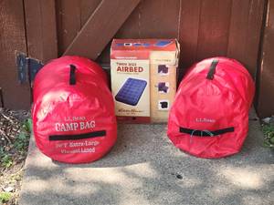 lot 143 image: L.L. Bean Camp Bag Sleeping Bag Pair - Eddie Bauer Twin Size Airbed
