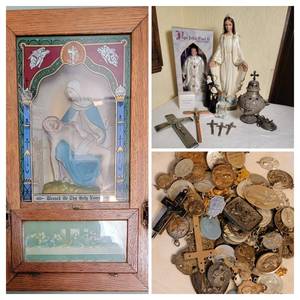 lot 331 image: Catholic Symbolic Colletion  Incensor  Sacrament Wall Box  Mary Statue  Medals 