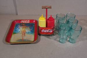 lot 110 image: Vintage Coca-Cola Metal Serving Tray with Plastic Cups and Condiment Tray