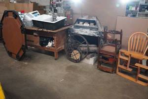 lot 291 image: $5 Bill and Assorted Items - Work Table, Boiler, Fireplace Insert, Vintage Furniture