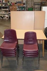 lot 298 image: 3 Heavy Duty Classroom Tables with 9 Plastic Chairs
