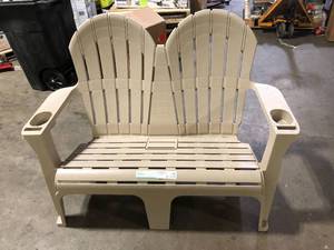 StyleWell 54 in. Putty Beige Plastic 2-Person Outdoor Adirondack Bench with Phone and Cup Holders Customer Returns See Pictures
