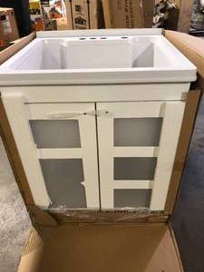TEHILA 24.5 in. x 21.5 in. x 34 in. White Utility Sink Cabinet with Metal Hybrid Stainless Steel Faucet and Soap Dispenser   Customer Returns See Pictures