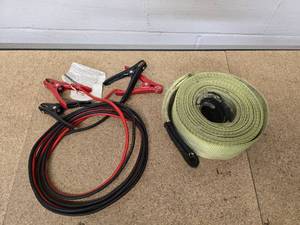 lot 11 image: 12 ft jumper cables and a 4 wide heavy duty tow strap