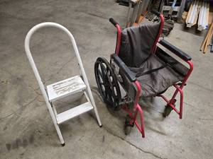 lot 15 image: step stool, and wheel chair and 2 metal canes