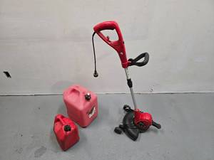 lot 22 image: Master Craft Electric lawn moweredge trimmer (runs but needs trimmer line) and 2 gas cans (2 gal and 6 gal)