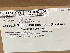 G - John Os Foods Vac Pack Ground Burgers - PickerelWalleye (10 lb)
