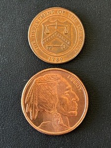 1 Ounce .999 Fine Copper Round and Denver Mint Coin