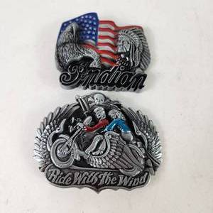 Lot Of Two New Metal Belt Buckles Ride With The Wind Motorcycle Skull And Indian USA Flag Eagle