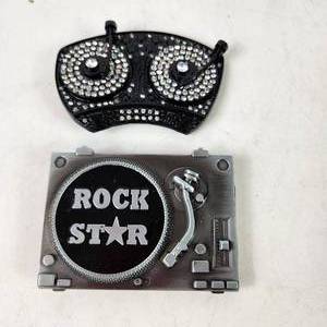 Lot Of Two Metal Belt Buckles Rhinestone Turntable And DJ Set Rock Star