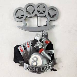 Lot Of Two New Metal Belt Buckles Lucky Lady 8 Ball 4 Aces Dice And Card Suits