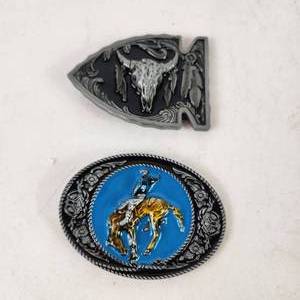 Lot Of Two Metal Belt Buckles Long Horn On Spear Tip And Cowboy Riding Horse