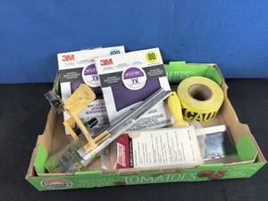 lot 124 image: Tools and More 3M Sandpaper, Hand-Masker, Drywall Sponge, Tape, Etc.