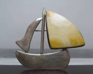 Large Sterling Silver &amp Amber Sailboat Brooch