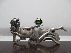 Lovely Sterling Silver Reclining Woman Brooch wGreen Gemstone