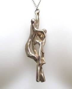 Signed Figural Brutalist Heavy Sterling Silver Pendant Necklace - Signed AR