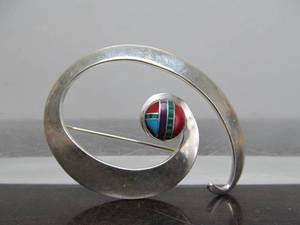 Lovely Southwestern Inlaid Sterling Silver Spiral Brooch