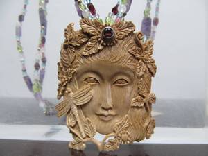 Wonderful LARGE Carved Fossilized Walrus or Mammoth Tusk Bali Face Pendant Necklace by Susan Tereba