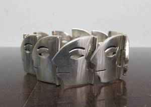 Excellent Large Heavy&nbspModernist TAXCO Sterling Silver Link Bracelet wFaces