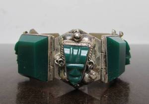 Vintage Mexico Sterling Silver Bracelet wCarved Green Faces