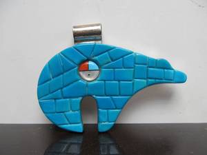 Large Sterling Silver Southwestern Turquoise Inlaid Bear Fetish Pendant - Signed MK