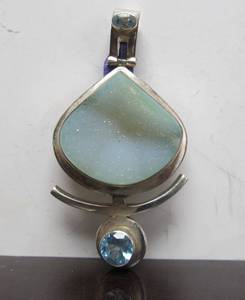 Very Nice Light Blue Druzy &amp Gemstone Sterling Silver Pendant