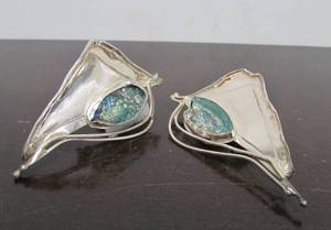 Larger Signed Sculptural Sterling Silver Earring Set wAncient Roman Glass&nbsp