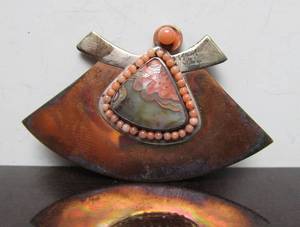 Copper Sterling Silver&amp Pink Gemstone Brooch by Iris Wiinikka&nbsp