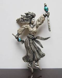 Lovely Sterling Silver Standing Woman Brooch wTurquoise