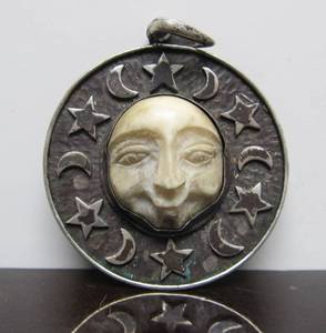 Carved Bone &amp Sterling Silver Face Pendant wMoon &amp Stars
