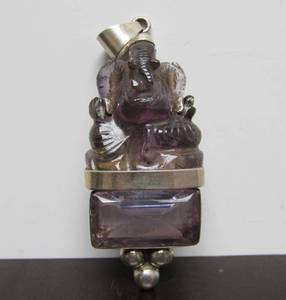 Beautiful Vintage Carved Amethyst Sterling Silver Hindu Pendant