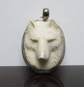 Nicely Carved Bone or Fossilized Ivory &amp Sterling Silver FoxWolf Pendant