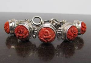 Signed Sterling Silver Carved Cinnabar Rose Bracelet - Signed SJ Inside Heart
