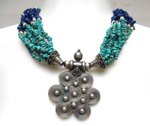 Large Chunky Sterling Silver Pendant Necklace with Turquoise &amp Lapis