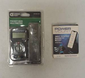 lot 50 image: Commercial Electric - Pocket Size Multi-Meter & Power Mount - 360 Degree Magnetic Smart Phone Mount