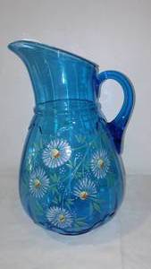 Northwood Enameled Flowers Dandelion Daisy Glass Water Pitcher.