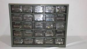 25 Drawer organizer with contents. 12w x 9T x 5� D, Plastic.