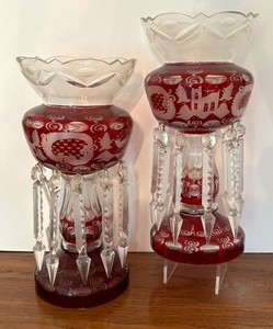 lot 13 image: Pair of Beautiful Vintage Bohemian Ruby Red Mantle Lusters with Dangling Prisms