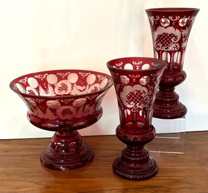 lot 26 image: Vintage Egerman Bohemian Cut to Clear Vases and Pedestal Bowl