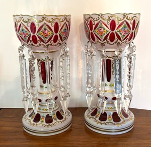 lot 5 image: Pair of Exceptional Vintage Bohemian White Cut to Cranberry Lusters with Dangling Prisms