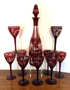 lot 77C image: Vintage Egermann Bohemian Ruby Red Stemware with Decanter