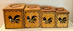 lot 61 image: Set of Four Vintage Woodpecker Woodware Rooster Themed Canisters