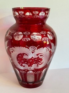 lot 62 image: Vintage Bohemian Cut to Clear Ruby Red Vase