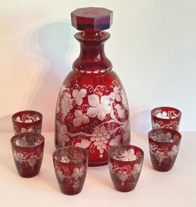 lot 64 image: Vintage Bohemian Ruby Cut to Clear Glass Decanter Set